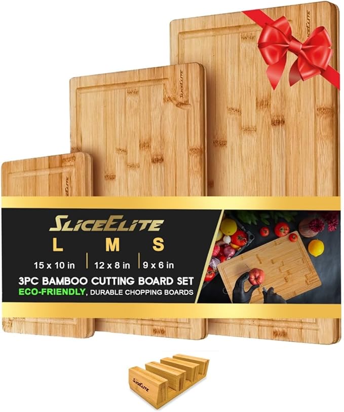 SliceElite Bamboo Cutting Board Set of 3 with Holding Rack and Silicone Feet Non Slip Storage Organizer with Handles Juice Grooves Space Saving Countertop Kitchen Wood Prep Boards Wooden Chopping