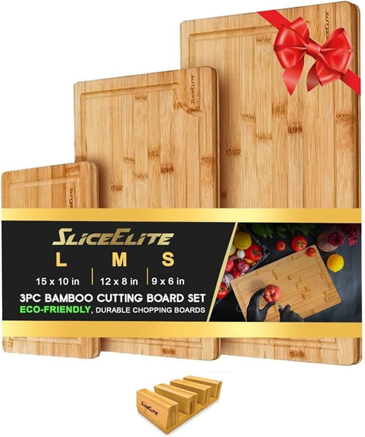 SliceElite Bamboo Cutting Board Set of 3 with Holding Rack and Silicone Feet Non Slip Storage Organizer with Handles Juice Grooves Space Saving Countertop Kitchen Wood Prep Boards Wooden Chopping