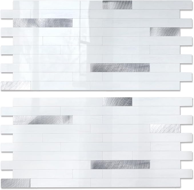 Yipscazo 20 Sheets Peel and Stick Stone Metal Backsplash Tiles, PVC Wall Tiles Stick on Backsplash for Kitchen, Bathroom (6'' X 12'', White with Grey)
