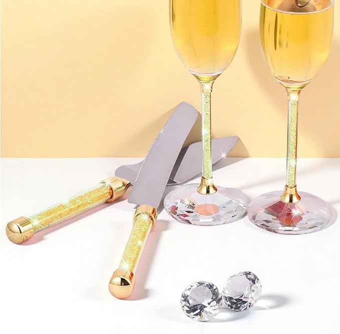 Wedding Cake Knife and Champagne Flutes Server Set | Bride & Groom Champagne Glasses | Toasting Glasses for Parties and Cake Cutting Set – for Wedding, Engagement, Bridal Shower Gifts(Gold)