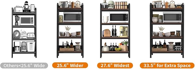 Bakers Rack with 4-Tier Adjustable Wood Shelves, Heavy-Duty Metal Frame Kitchen Shelf Organizer, Microwave Stand for Kitchen, Living Room, Apartments, 33.5'' Wide for Extra Space