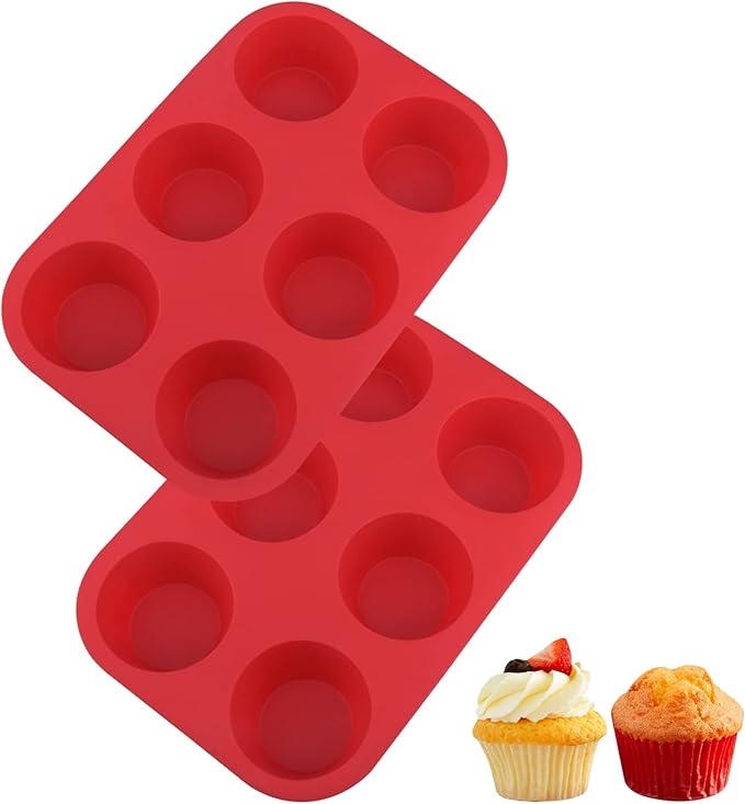 2PCS Silicone Muffin and Cupcake Pan - 6 Cup Non-Stick Mini Baking Molds, Reusable Tin for Brownies, 2 Trays Overlapped (Red, 9.45x6.5x1.57 Inch)