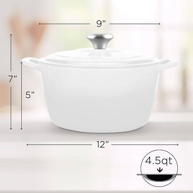 ROSSALLINI Signature Enameled Cast Iron Dutch Oven, Non-Stick Serving Pot with Tight Fitting Lid for Perfect Roasting, Baking, Sauteing, and Bread Making | 4.5Q (4.2L) - White