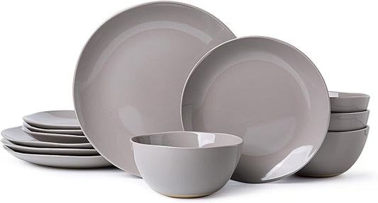 Dinnerware Sets for 4, 12 Pieces Stoneware Plates and Bowls Sets, Dishwasher&Microwave Safe,Modern Minimalist Tableware for Everyday Use, Grey