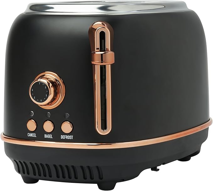 Haden Heritage 2 Slice Wide Slot Stainless Steel Toaster with Adjustable Browning Control & Non-Slip Feet, Black & Copper