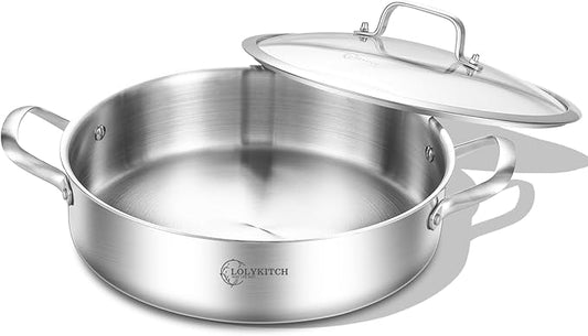 LOLYKITCH 6 QT Tri-Ply Stainless Steel Sauté Pan with Lid,12 Inch Induction Cooking Pot,Dishwasher and Oven Safe
