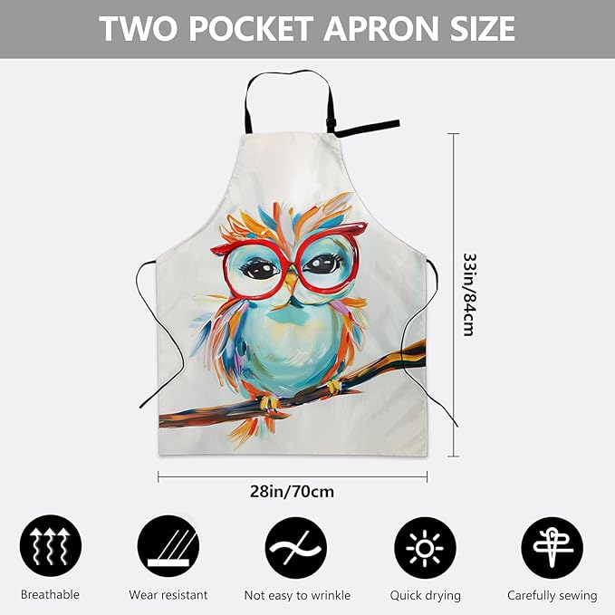Colorful Owl Apron, Adjustable Kitchen Whimsical Design Aprons with Pockets for Cooking BBQ Gardening, 28×33 IN, Holiday Gifts for Women Men Wife, for Chef Baking, Oxford Fabric