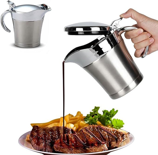 Stainless Steel Insulated Gravy Boat with Lid – 450ML/16OZ Double Insulated Gravy Pitcher for Hot & Cold Sauces – Sauce Jug with Hinged Lid, Ideal for Gravy or Cream at Thanksgiving, Gravy Pitcher