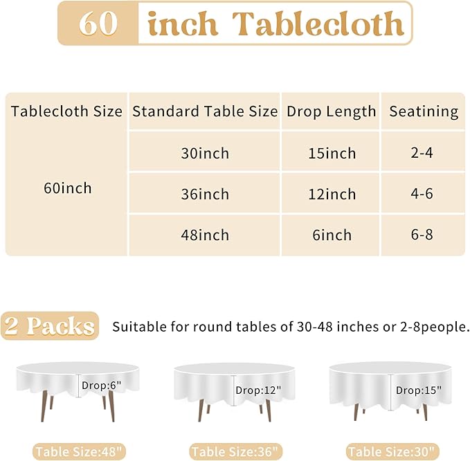 HAISIWLKJ 2 Pack 60 Inch White Round Tablecloth for Round Table Washable Reusable Outdoor Polyester Fabric Decorative Table Cover for Dining, Buffet, Camping, Baby Shower, Party