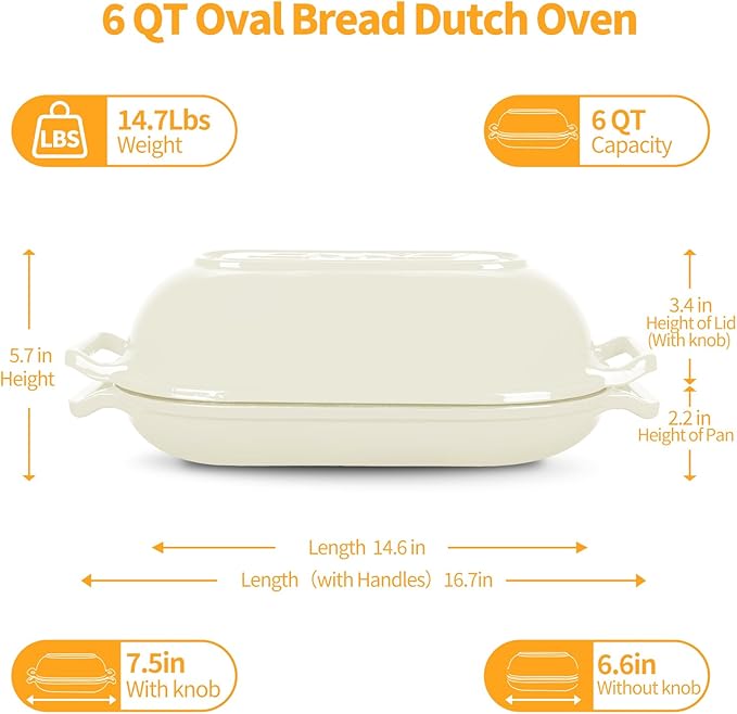 Oval Dutch Oven for Bread Baking, 6QT Enameled Cast Iron Oval Dutch Oven Pot with Lid and Dual Handles, Ceramic Sourdough Bread Baker with Bread Dome, Cooking, Frying, Non-stick Enamel Coated Cookware