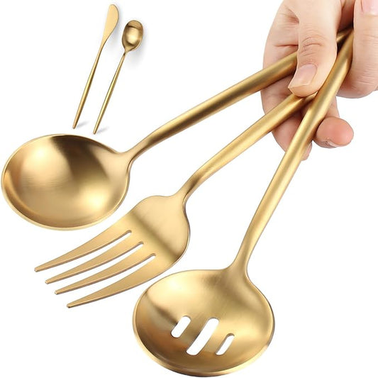 Gold Stainless Steel Serving Utensils Set, 5 Pcs - 10.8 Inch Serving Fork, 10.3 Inch Slotted Spoon, Sugar Spoon, Butter Knife for Buffet