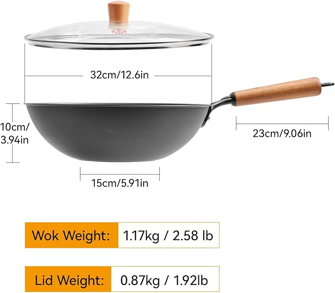 WANGYUANJI 12.6" Carbon Steel Wok with Lid & Spatula - Gift Ready Packaging, Precision Spun Iron Stir Fry Pan for 3-4 People - Flat Bottom, Nitrided Rust-Resistant Surface (Requires Seasoning)