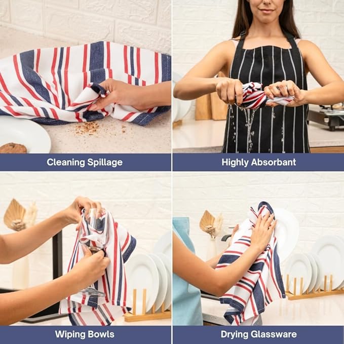 Kitchen Towel Set of 6, 100% Cotton Quick-Drying Absorbent Dish Towels & Tea Cloths, 20x30 Inch Decorative Farmhouse Towels for Kitchen, Navy,White & Red Stripe