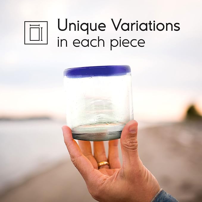 Cobalt Blue Rim 8 oz DOF Rock Glasses (set of 6), Recycled Glass, Lead-free, Toxin-Free (DOF Rocks)