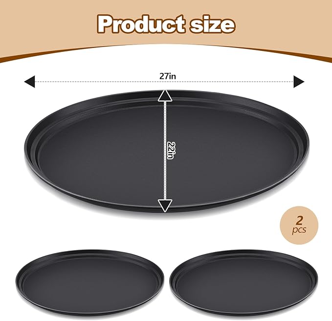 2 Pcs Restaurant Serving Trays PP Plastic Non Slip Rubber Lined Large Oval Tray for Kitchen Dining Room Cafeterias Fast Food Service (27 x 22 Inch,Black)