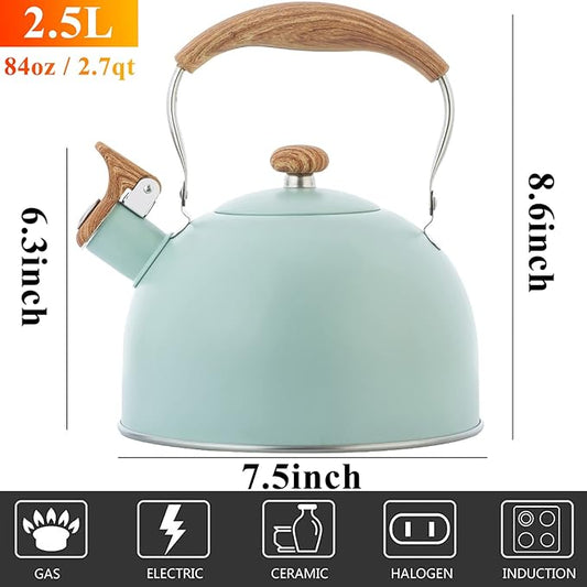 Vilihkc Tea Kettle 2.6 Liter Whistling Tea Kettle, Tea Pots for Stove Top Food Grade Stainless Steel with Wood Pattern Folding Handle, Loud Whistle Kettle for Tea, Coffee, Milk
