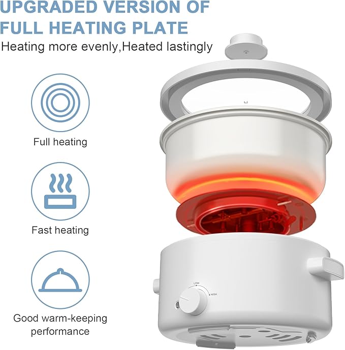 Electric Steamer for Cooking, 2L Ceramic Glaze Non-stick Pot, Dual Power Multi-functional Electric Cooker, Suitable for Steak, Pasta, Hot Pot, Ramen, Quick Heating and Overheat Protection
