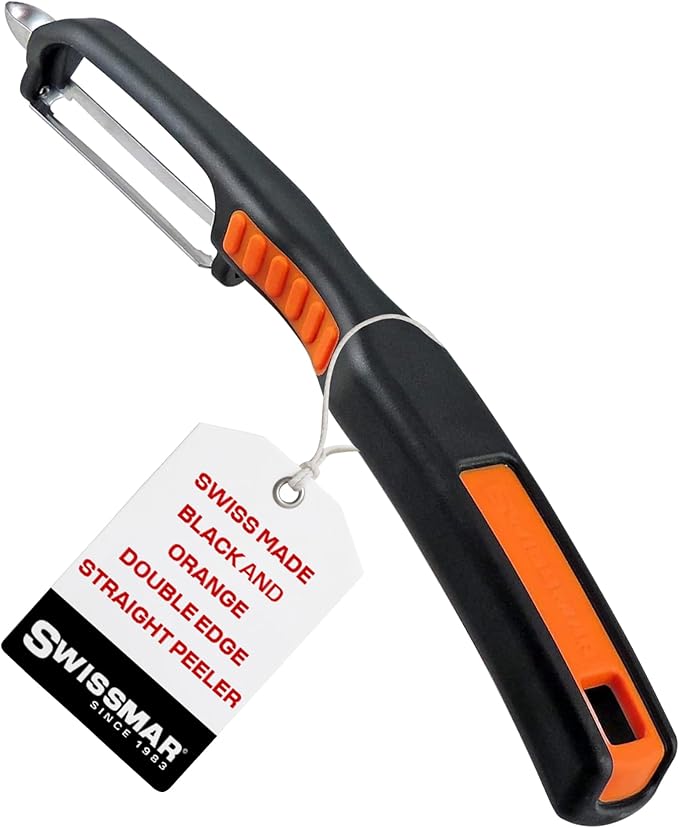 Swissmar Swiss Non-Slip Double Edge Straight Peeler - Easy-Grip Stainless Steel Peeler - Versatile Kitchen Tool, Ideal for Potato Peeler, Veggie Peeler & more - Black & Orange