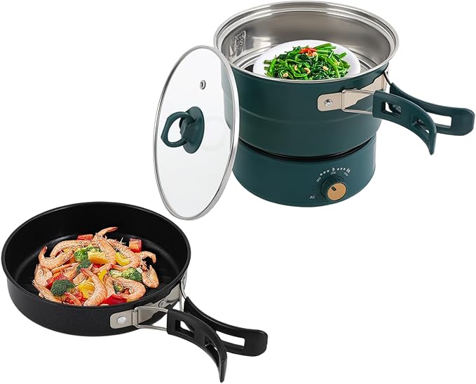500W 1.6L Portable Electric Hot Pot with Foldable Handles, Power Adjustment Non-stick Frying Pan Mini Hot Pot Multi-Functional Ramen Noodle Cooker for Pasta, Steak (Green)