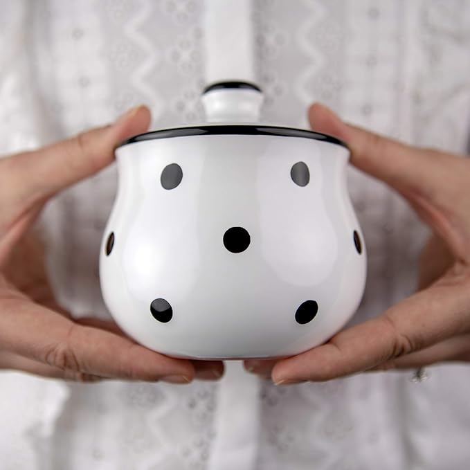 City to Cottage Ceramic Sugar Bowl with Lid, 10oz Sugar Contanier for Coffee Bar, Sugar Dispenser Bowl, Salt - Condiment Pot for Kitchen Counter, Handcrafted White and Black Polka Dot Sugar Jar