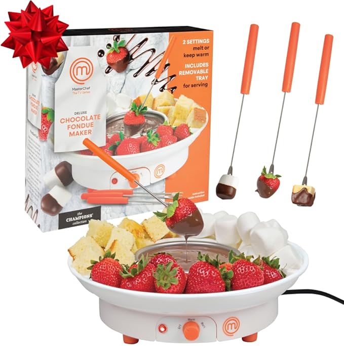 MasterChef Chocolate Fondue Maker- Valentine Must Have- Electric Dessert Fondue Pot Set w 4 Forks, Party Serving Tray- Melt Warm Settings for Caramel Cheese- Charcuterie Appetizers, Sweet Gift for Her
