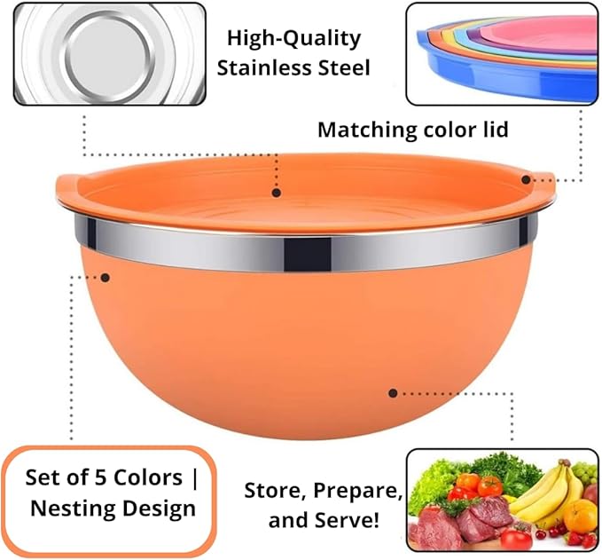 5-Piece Colorful Stainless Steel Mixing Bowls with Matching Non-Airtight Lids – Nesting Stackable Design for Cooking, Baking, Meal Prep & Food Storage – Durable, Easy-Clean Kitchen Set