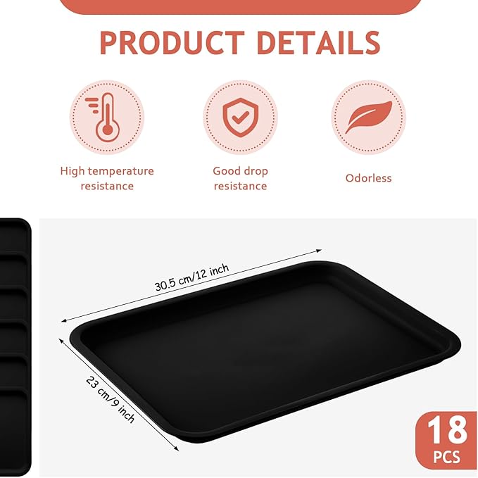 Gerrii 18 Pcs Plastic Fast Food Trays Bulk Restaurant Serving Cafeteria Tray Grill School Lunch Tray Rectangular Serving Platter for Kitchen Hotel Restaurant (Black,12 x 9 Inch)