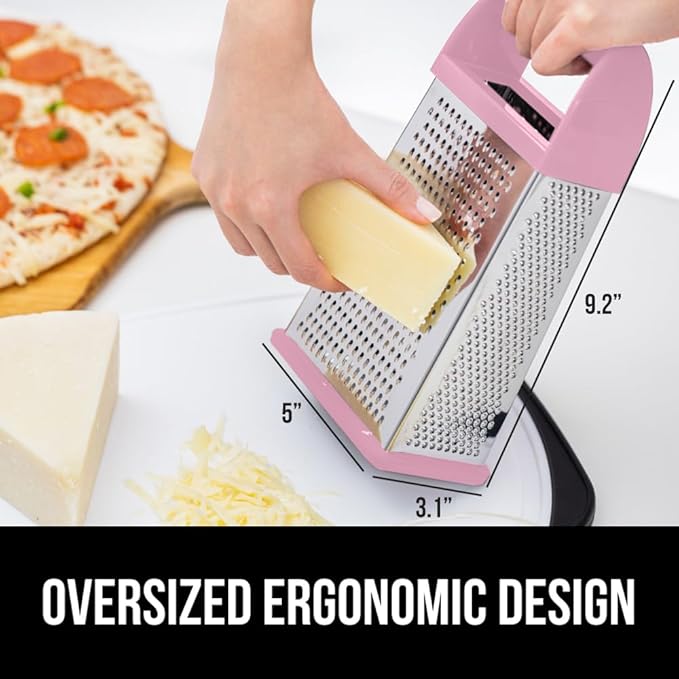 GORILLA GRIP 4-Sided Stainless Steel Cheese Grater With Container, 100% BPA-Free Box Grater, Slip Resistant Base and Handle, Grate Parmesan, Hard Cheeses, Shred Vegetables, Dishwasher Safe, Pink