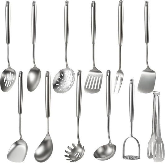 Newness 12 Pcs Cooking Utensils Set, 304 Stainless Steel Kitchen Utensils Set, Metal Kitchen Accessories, Include Soup Ladle, Slotted Skimmer Spoon, Spaghetti Spoon and Spatula, Dishwasher Safe
