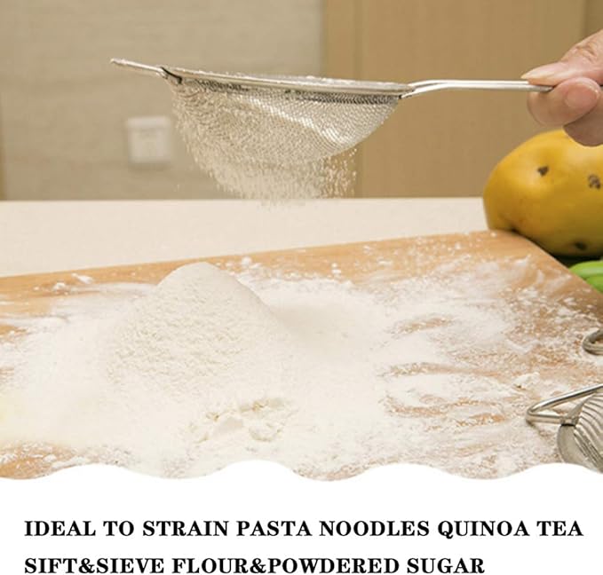 Kitchen Fine Mesh Strainers, KINMAD 3 Pcs Stainless Steel Mesh Strainer with Handle, 2.7"+4.8"+7.1"- Ideal to Strain Pasta, Noodles, Quinoa, Tea, Sift & Sieve Flour & Powdered Sugar
