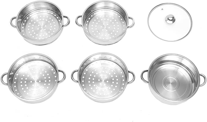 5 Tier Stainless Steel Cooking Steamer - 26/28/30cm Steamer Pot with Glass Lid for Home Kitchen Restaurant