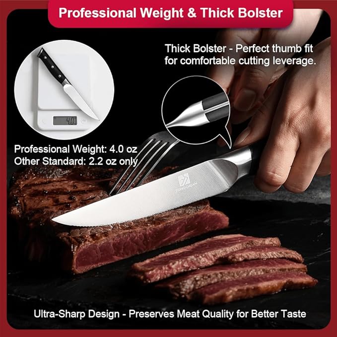 Medium Steak Knives Set of 2, 4.5 Inch High-Carbon Stainless Steel Serrated Steak Knife, Ergonomic Black Handles, Razor-Sharp, Dishwasher Safe, Rust-Resistant & Durable, Full Tang With Excellent Gift
