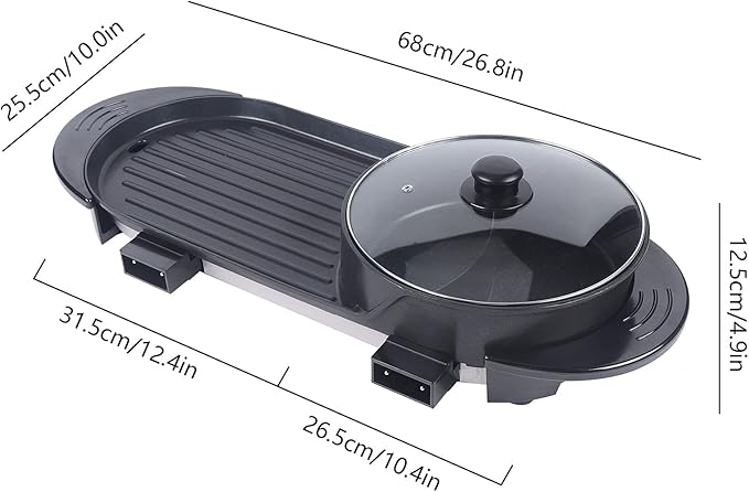 Hot Pot Electric with Grill 2 in 1 Indoor Non-Stick Shabu Pot and Frying Pan Portable with Grill Dual Temperature Control Fast Heating for BBQ, Steaks (Large-Black)