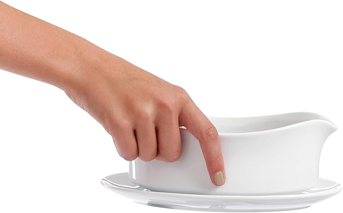 HIC Kitchen Gravy Boat With Attached Saucer, Fine Porcelain, 18-Ounce Capacity For Gravy, Sauce, Au Jus, Dressing, Holiday Meals, And Entertaining