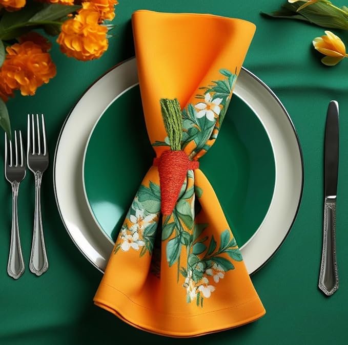 COTTON CRAFT Easter Napkin Rings - Set of 8 Carrot-Shaped Napkin Rings - Seagrass and Metal Napkin Ring - Easter Napkin Holder - Spring Summer Party - Unique Gift - Table Décor - Orange Green