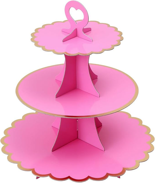 Soleebee 3-Tier Cupcake Stand, Cardboard Cupcake Tower, Cup Cake Stand Tower for Birthday Wedding Party Decoration, Cupcake Tier Stand Fruit Desserts Display 1 Set (Hot Pink Gold)