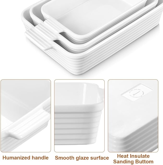 Jassceram Casserole Dishes for Oven, 3-Piece Ceramic Baking Dish Set, Rectangular Lasagna Pan Deep with Handles, Nesting Bakeware for Baking & Roasting, Oven Safe (9.6 to 13.1 Inch), White