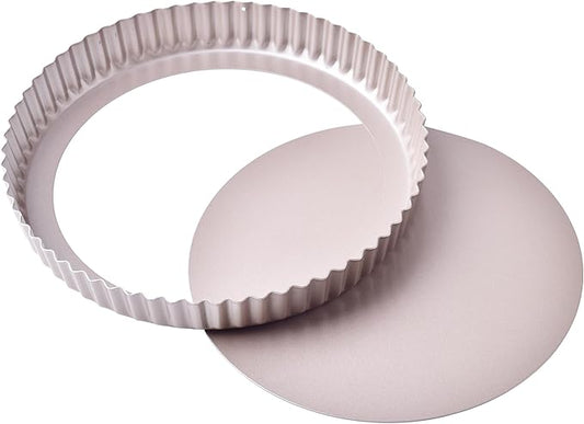 Bakeley 11-Inch Round Tart Pan with Loose Removable Bottom, Non-Stick Carbon Steel Quiche Pan for Oven Baking (Champagne Gold)