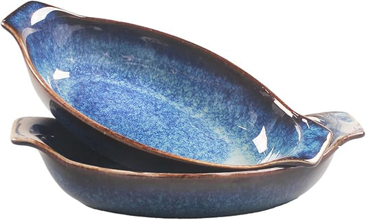 LIUYWYHCF Ceramics Au Gratin baking Dishes Set of 2, Baking Tray Bake ware, 10.5 oz Ramekins, for Pie Pan, Appetizer, Tart, Dessert, Quiche, Oven Small dish, individual dishes Oval 9.3 Inch