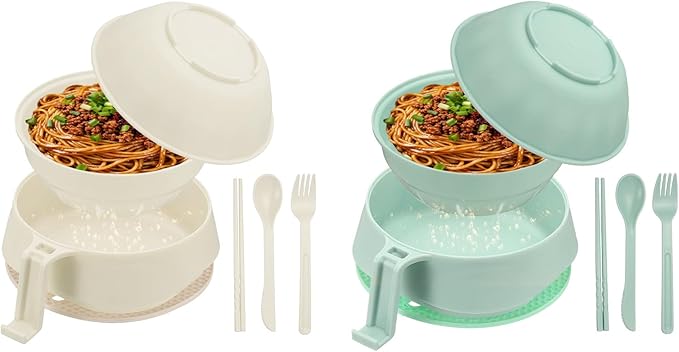 uxcell 2 Sets Microwave Ramen Bowl Set, Wheat Fiber Noodle Bowls Plastic Cooker with Lid Handle Fork Spoon Chopsticks for College Dorm Room Apartment, (Beige/Green)