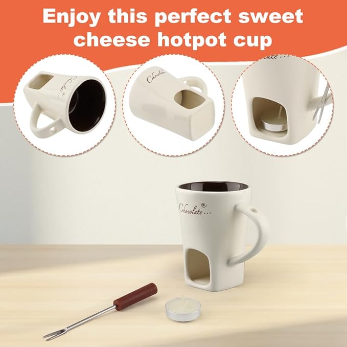Chocolate Fondue Mugs, Chocolate Melting Cup Set with Forks Candle Warmer, Mini Ceramic Coffee Warmer Mug, Fondue Cups With Forks For Date Night Birthday Wedding Gifts(White)