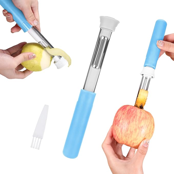Blue Apple Corer and Peeler, Plastic-Handle Apple Corer for Bell Peppers Pears,Multi Functional Stainless Steel 2-In-1 Household Kitchenware,Fruit and Vegetable Peeling Tool,Christmas Halloween Gifts