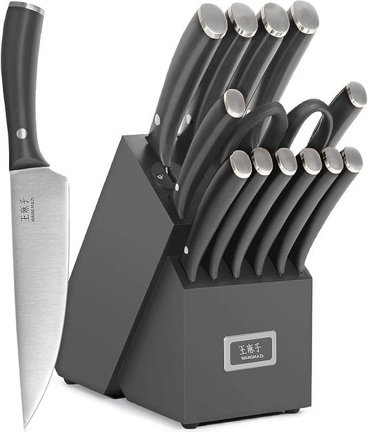 Newly Updated Chef Knife Set Sharp Blade Rivet Ergonomic Handle Knife Block Set Hundreds of Years of Masterful Craftsmanship(Black,15PCS)
