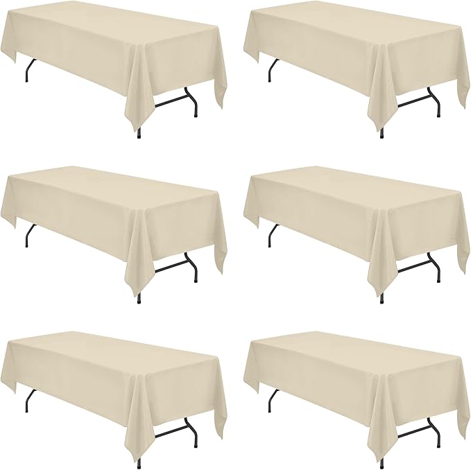 BRILLMAX 6 Pack Beige Tablecloths 60 x 126 Inch for 8ft Rectangle Tables - 150 GSM Polyester Fabric, 15" Standard Drop, Water, Stain & Wrinkle Resistant Cloth Cover for Wedding Banquet Dining Buffet