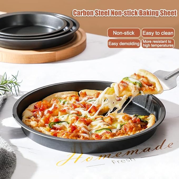 AKOAK 8" Pizza Pan, Non-Stick Pizza Pan, Round Pizza Pan for Oven, Reusable Heavy Duty Carbon Steel Pizza Pan, Black