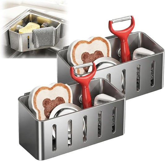 Sponge Holder for Kitchen Sink,2026 Sink Caddy Organizer with Suction Cups,Rustproof Kitchen Storage Rack for Sponge,Soap,Stopper,Brush (2, Square)