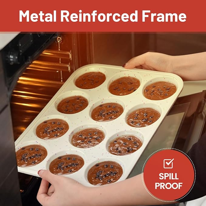 CAKETIME Silicone Muffin Pan, Metal Reinforced Frame Cupcake Pan 12 Cups Regular Size Easy to Move in or Out of Oven Non-Stick (1)