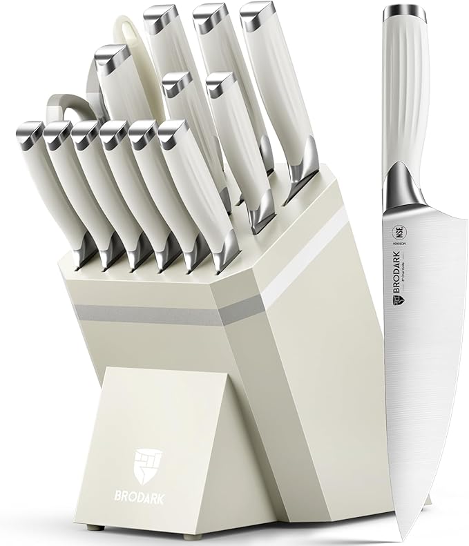 BRODARK Kitchen Knife Set with Block and Sharpener – 15-Piece Ultra Sharp White Knife Set Full Tang Stainless Steel Knife Block Set with Ergonomic Handle – Christmas Gift, Roman Series