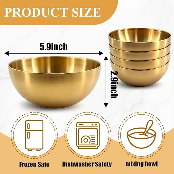 10 Pcs 5.9 Inch Golden Stainless Steel Mixing Bowls - Decorative Esthetician Bowls for Baking, Facial, Salad, Fruit, Candy | Perfect for Thanksgiving, Christmas, Weddings & First Holy Communion