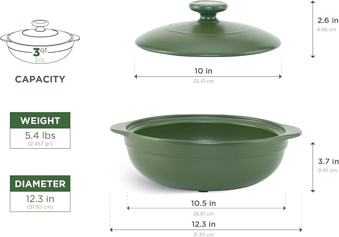 MINH LONG 3-Qt Porcelain Dutch Oven with Lid – Lead & Cadmium Free, Oven Safe to 482°F, Heat Retention, Clay Pot for Cooking on Gas & Infrared Cooktop, Use to Marinate, Cook, Bake, Refrigerate & Serve